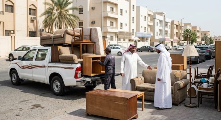 عمال محترفون يقومون بفحص وتقييم وتحميل الأثاث المنزلي بعناية داخل سيارات نقل مجهزة ضمن أعمال شراء اثاث مستعمل حي العزيزية بالرياض لضمان تقديم أفضل الأسعار وإتمام عملية البيع بسرعة وموثوقية