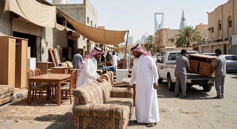 فريق عمل محترف يقوم بفحص وتحميل الأثاث المستعمل بدقة وأمان باستخدام سيارات النقل المجهزة ضمن خدمات شراء الاثاث المستعمل حي الأندلس لضمان تقديم أفضل خدمة وراحة العملاء.